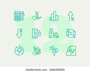 Investment line icon set. Encashment car, income, graph. Money concept. Can be used for topics like finance management, profit, banking