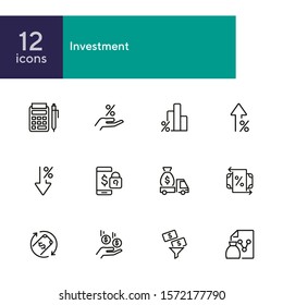 Investment line icon set. Encashment car, income, graph. Money concept. Can be used for topics like finance management, profit, banking