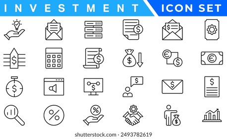 Investment line icon set, featuring bank, money, blockchain, investment strategies, technology, security. Ideal for web, app, finance related content