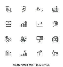 Investment line icon set. Hand holding money, graph, growth, gold bars. Finance concept. Can be used for topics like deposit, saving, income