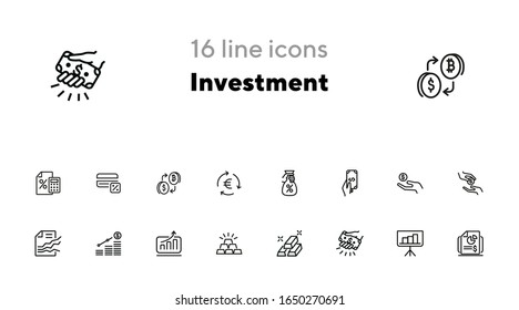 Juego de iconos de línea de inversión. Mano sosteniendo dinero, gráfico, crecimiento, barras de oro. Concepto financiero. Se puede utilizar para temas como depósito, ahorro, ingresos