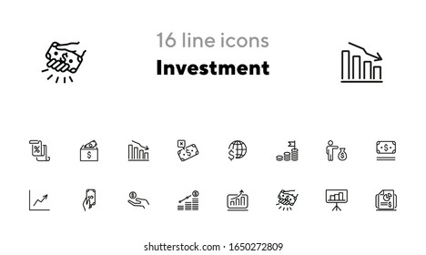 Juego de iconos de línea de inversión. Mano sosteniendo dinero, gráfico, crecimiento, barras de oro. Concepto financiero. Se puede utilizar para temas como depósito, ahorro, ingresos