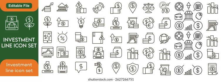  investment line icon set, investor, risk management, economy, financial gain, money, coins symbols. Outline icon collection. Editable stroke. Vector illustration...