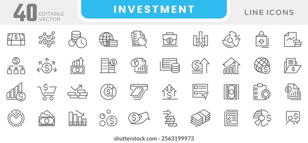 Investment line icon set. Machine learning, digital technology, analysis, risk investment, planning, low cost,  cash, saving, financial goal, profit line icon set. Ui thin line icon pack. 