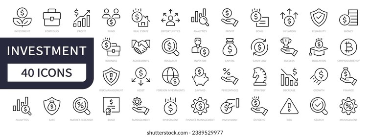 Investment line icon set. Investment, Profit, Asset, Investor, Portfolio, Dividend, Capital, Risk, Inflation icons vector