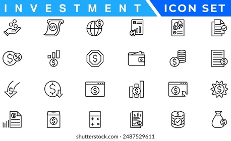 Juego de iconos de línea de inversión. Inversión, Ganancia, Activo, Inversor, Cartera, Dividendo, Capital, Riesgo, Iconos de inflación Vector