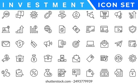 Investment line icon set. Investment, Profit, Asset, Investor, Portfolio, Dividend, Capital, Risk, Inflation icons vector