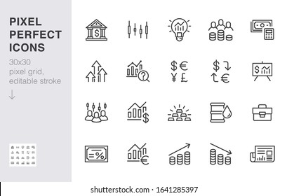 Investment line icon set. Stock market, bond, financial analysis, broker, income increase minimal vector illustration. Simple outline signs investor application. 30x30 Pixel Perfect. Editable Strokes.