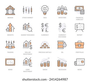 Juego de iconos de línea de inversión. El mercado de valores, los bonos, el análisis financiero, los intermediarios, los ingresos aumentan la mínima ilustración de los vectores. Un esquema simple firma la aplicación del inversor. Color naranja. Estroques editables