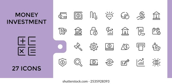 Investment line icons collection. Contains such icons as investor, financial, economy, finance, profit, development and more. Minimalistic web and UI icons. Editable stroke. Vector illustratio