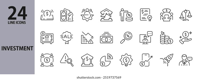 Investment line icons set with Management, Profit, Bank, Growth, Fund, Dividend and more. Editable Stroke