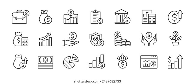 Investment line icons set. money income, finance capital, profit, risk management, economy. Vector.