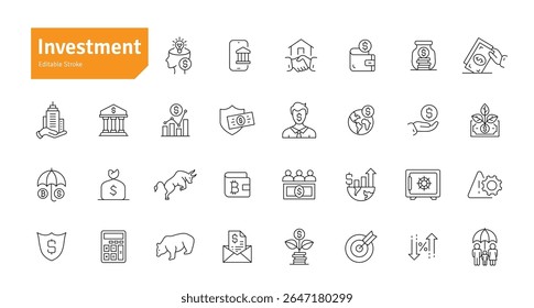 Conjunto de ícones da linha de investimento. Propriedade, Economia, Portfólio, Estratégia, Banca, Dinheiro, Investidor, Moeda, Aposentadoria, Ícones de Riqueza. Ilustração editável do vetor de traçado