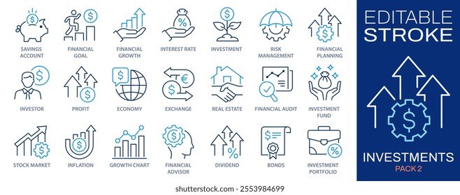 Investment line icons, such as economy, financial goal, profit, piggy bank and more. Vector illustration. Easily changes to any color.