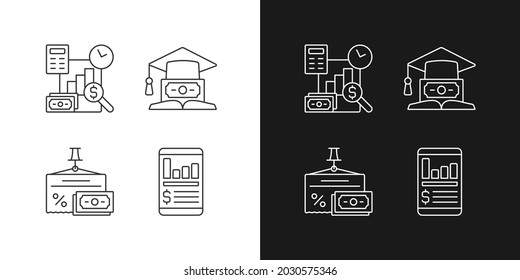 Investment linear icons set for dark and light mode. Education loan. Money management. Financial literacy. Customizable thin line symbols. Isolated vector outline illustrations. Editable stroke