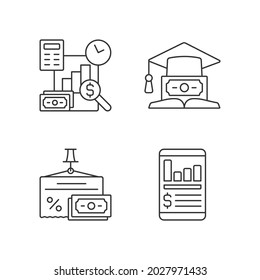 Lineare Symbole für Investitionen festgelegt. Bildungsdarlehen. Geldverwaltung. Finanzkompetenz. Verständnis der Finanzen. Anpassbare Dünnlinienkontursymbole. Einzige Vektorgrafik-Rahmenillustrationen. Bearbeitbarer Hub