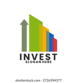Vektorvorlage für Investitionslogo-Design. Pfeil nach oben mit abstraktem Stadtlogo als Designvektor. City Invest Logo-Design-Symbol