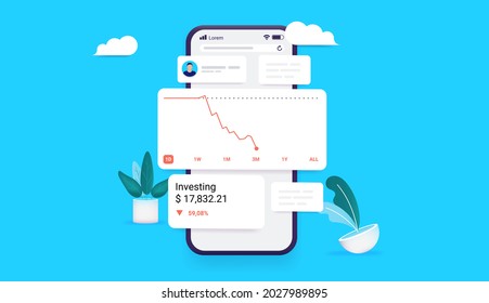 Investment loss on smartphone - Investing app on phone showing negative stock market chart. Loosing money in stock market concept. Vector illustration.