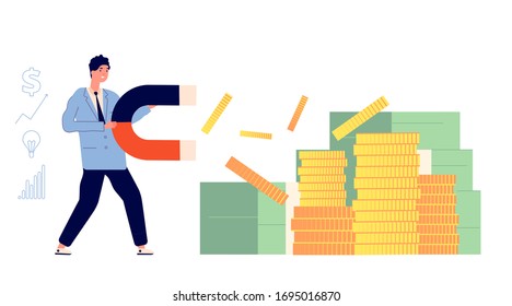 Investment magnete. Investing gold, magnet attracted coins. Huge growth, finance energy. Man magnetic power motivation vector illustration