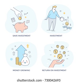 Investment and make money concept icons, line flat design