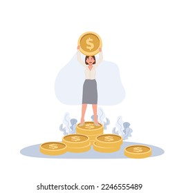 Investment management concept. Businesswoman raise the big golden coins on the coin stack. Flat vector cartoon character illustration