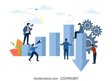 Investment management concept, companies engage in joint problem solving, sales decline, downward decline. company losses. descending graph. flat vector illustration on a white background.