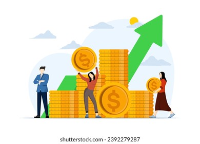 Investment management concept, companies involved in joint construction and cultivation of cash profits, career growth towards business success, flat vector illustration on a white background.