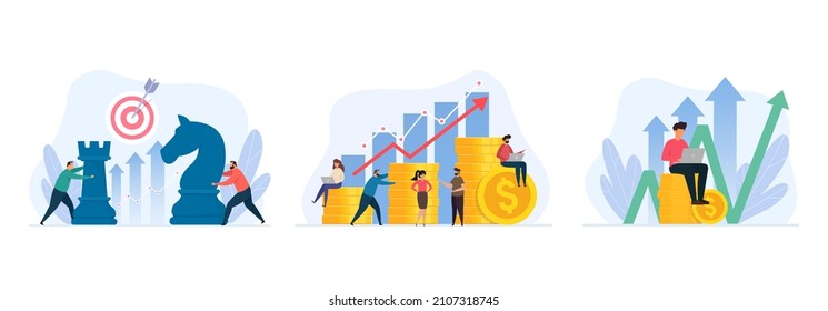 Investitionsmanagement-Konzept. Strategie und Kapitalrendite. Teamarbeit. Satz von Vektorgrafiken.