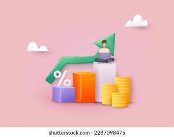 Investment management, money growth and profit chart, career growth to success. Money and investment advisor concept. 3D Web Vector Illustrations.