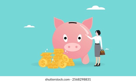 investment management, Mutual fund or growing investment, wealth profit growth, savings or wealth management, businesswoman holding investment document with piggy bank and golden coin illustration