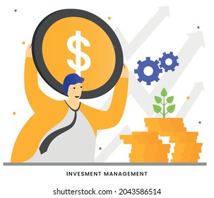 INVESTMENT MANAGEMENT - People's character with Career growth to success illustration. Money growth, and profit chart, business analysis. Vector illustration