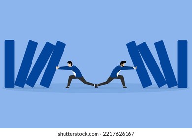 investment management and strategy, Risk management, control of hazard, loss or damage from crisis, valuation level concept, two businessmen stopping domino effect risk from threats and disasters.