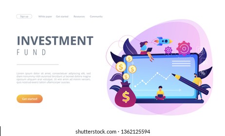 Investment managers with laptops offer better returns and risk management. Investment fund, investment opportunities, hedge fund leverage concept. Website vibrant violet landing web page template.