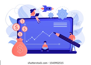 Investment managers with laptops offer better returns and risk management. Investment fund, investment opportunities, hedge fund leverage concept. Pinkish coral bluevector isolated illustration