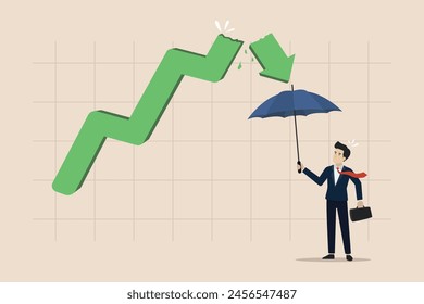 Investment margin of safety concept, protect from stock market crash, businessman investor holding umbrella to face decline arrow graph.