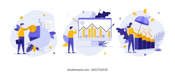 Investment marker analytics flat concept vector illustrations set. Financial risks management cartoon composition. Money earnings in business creative idea for website, mobile, presentation