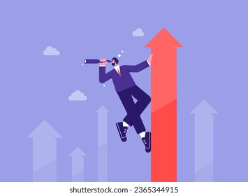 Investment and market prediction, future growth or vision, profit and earning forecast concept, businessman climb up rising arrow with big telescope spyglass