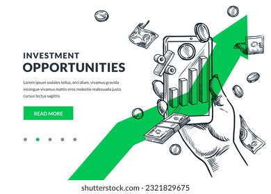 Investment, market trade and finance concept. Money financial online management. Hand drawn vector sketch illustration of mobile phone trading bank application. Poster banner design template - Shutterstock ID 2321829675