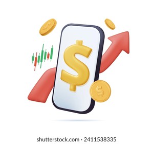 Investment, market trade and finance concept. Money financial online management. 3D modern vector illustration of mobile phone trading bank application. Poster banner design template