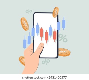 Investment, market trade and finance concept. Money financial online management. Hand drawn vector sketch illustration of mobile phone trading bank application. Poster banner design template