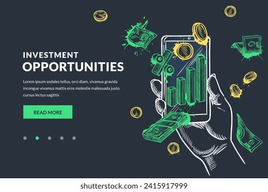 Investment, market trade, money financial online management concept. Hand drawn vector color chalk sketch illustration of mobile trading bank application on black background. Banner design template