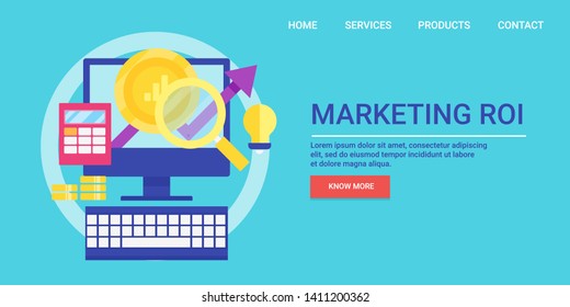 Investment in marketing campaign, Return on invest, Marketing ROI calculation, flat design banner with icons and texts