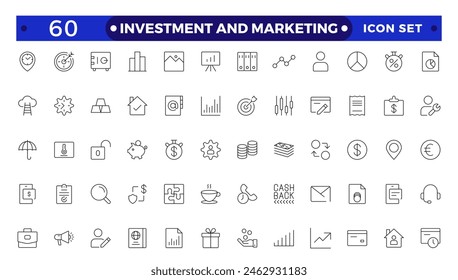 Investment And Marketing icons set. Content, search, marketing, e-commerce, SEO, electronic devices, internet, analysis, social, and more line icon.Money income line icon set.Profit growth