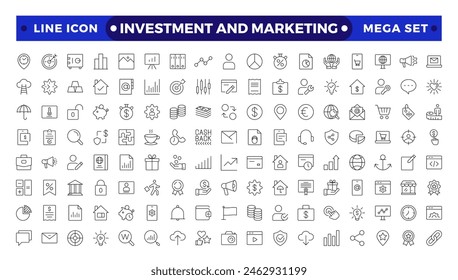 Investment And Marketing icons set. Content, search, marketing, e-commerce, SEO, electronic devices, internet, analysis, social, and more line icon.Money income line icon set.Profit growth