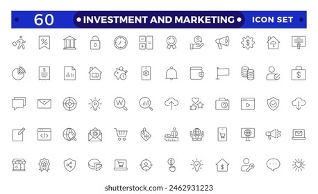 Investment And Marketing icons set. Content, search, marketing, e-commerce, SEO, electronic devices, internet, analysis, social, and more line icon.Money income line icon set.Profit growth
