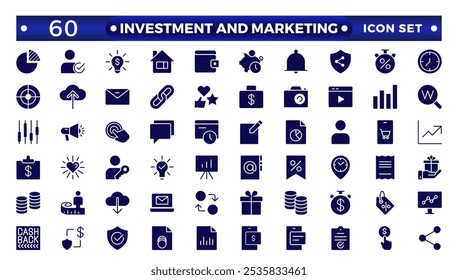 Conjunto de ícones sólidos de Investimento e Marketing. Conteúdo, pesquisa, marketing, e-commerce, SEO, dispositivos eletrônicos, internet, análise, social, e mais linha icon.Money renda, fundo de pensão conjunto de ícone sólido.