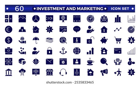 Conjunto de iconos sólidos de inversión y marketing. Contenido, búsqueda, marketing, comercio electrónico, SEO, dispositivos electrónicos, Internet, análisis, redes sociales y más icono de línea. Ingresos de dinero, conjunto de iconos sólidos de fondos de pensiones.