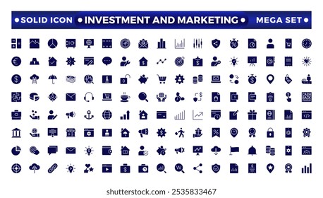 Investment and Marketing solid  icons set. Content, search, marketing, e-commerce, SEO, electronic devices, internet, analysis, social, and more line icon.Money income, Pension fund  solid icon set.