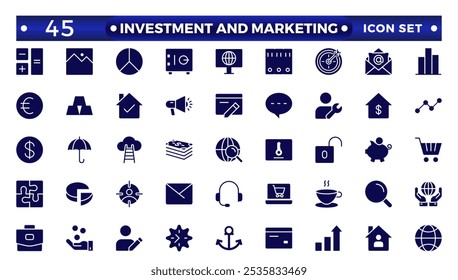 Conjunto de ícones sólidos de Investimento e Marketing. Conteúdo, pesquisa, marketing, e-commerce, SEO, dispositivos eletrônicos, internet, análise, social, e mais linha icon.Money renda, fundo de pensão conjunto de ícone sólido.