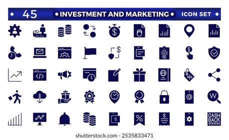 Conjunto de ícones sólidos de Investimento e Marketing. Conteúdo, pesquisa, marketing, e-commerce, SEO, dispositivos eletrônicos, internet, análise, social, e mais linha icon.Money renda, fundo de pensão conjunto de ícone sólido.